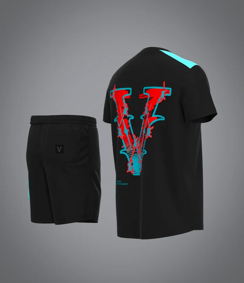Conjunto Deportivo de Verano de Dos Piezas para Hombre, Estilo Urbano, Camiseta Negra con Estampado de Espinas Rojas y Azules en V, Bloques de Color a Juego con Detalles en Cian en los Hombros