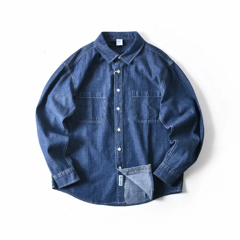 

American Retro Washed 100% Cotton Denim Workwear Long Sleeve Shirt for Men Casual Turn-Down Collar Shirt for Spring and Autumn