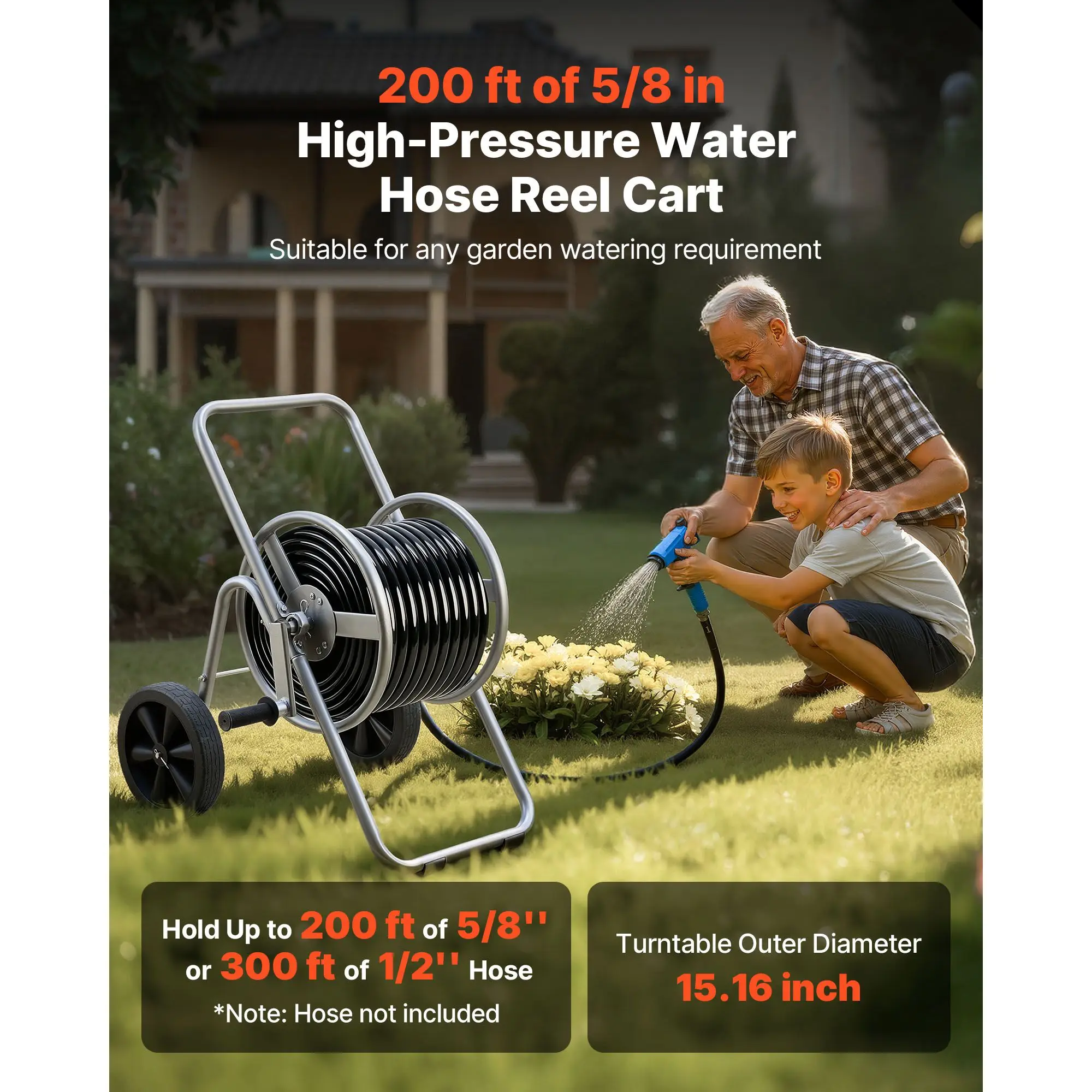Water Hose Reel Cart, 200/300 ft High-Pressure Garden, with Two Wheels, Handle & Heavy-Duty Mesh Storage Basket, Portable for