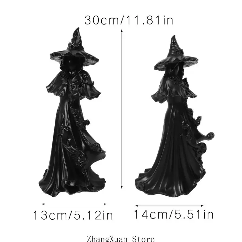 Hexenstatue aus Harz für Halloween-Dekorationen, Skulpturfigur mit verbreiterter Basis für Tischregal, Kaminsims und Fensterbank – Detail 6