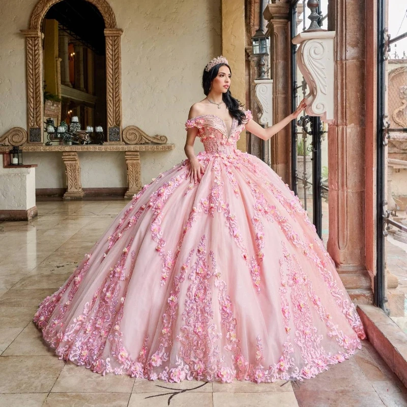 

Розовое Бальное платье принцессы, очаровательное платье Quinceanera, классическое платье с открытыми плечами, аппликацией, кружевными бусинами, милое платье 16, платья