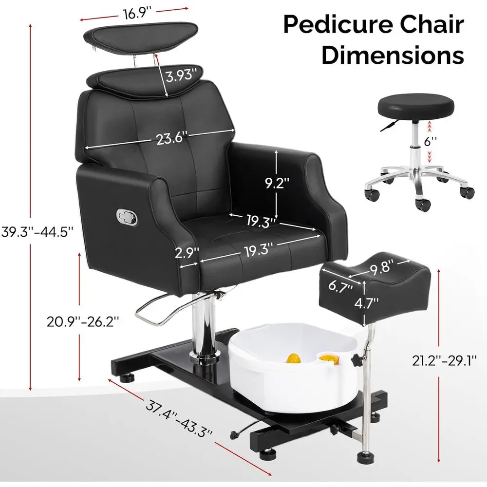 كرسي باديكير هيدروليكي مع مقعد، سبا لتدليك القدم بالفقاعات، دوران 360 درجة لفنيي الأظافر وصالونات الأظافر (أسود)