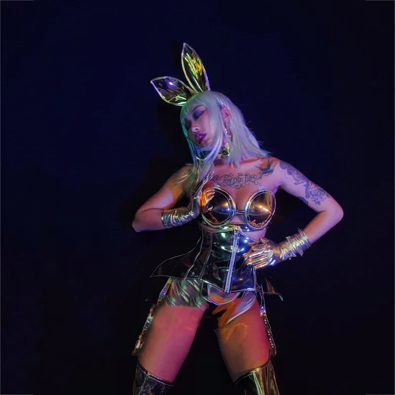 

Sexy Gold Body Sculpting Costume Headgear Women Nightclub Party Show Gogo Wear Festival Rave Outfits Pole Dance Clothing XS2145