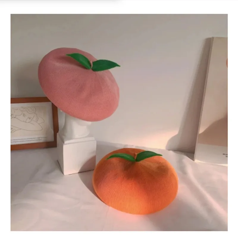 

Spring summer women beret hat handmade cute fruit orange painter hat girl thin section breathable peach beanie gift female