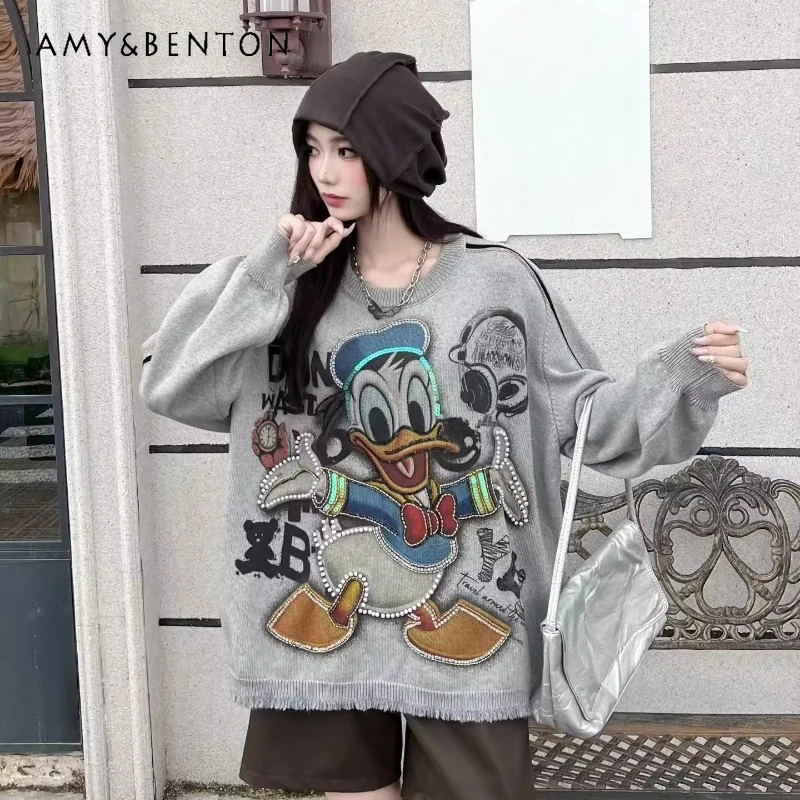 

Cartoon Print Heavy Industry Beaded Long Sleeves O-Neck Knitted Sweater Women's Autumn Loose Oversize Slimming Sweater Outerwear