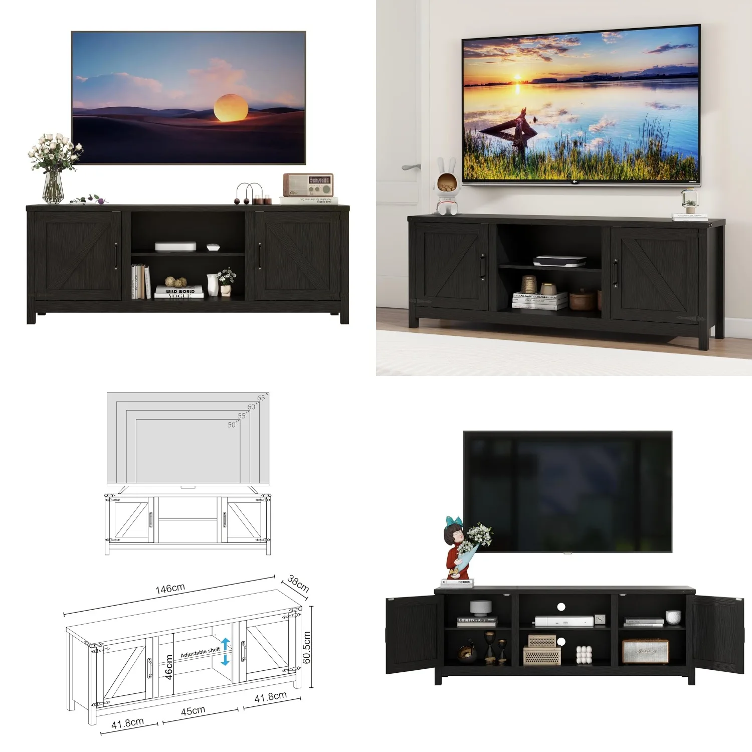 

Modern Farmhouse TV Stand Entertainment Center Storage Open Shelves Wood TV Table Living Room Bedroom 32-65 inch TV, Customized