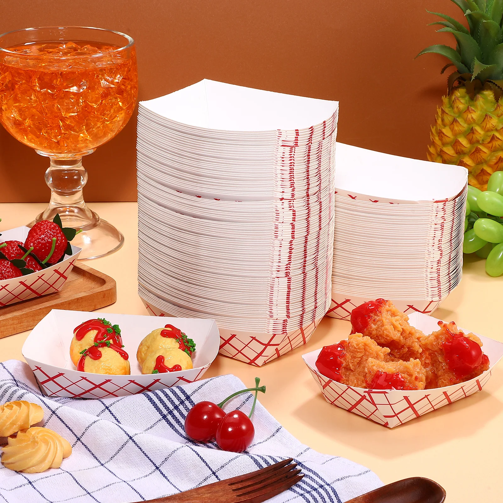 

200pcs Food Tray White Red Grid Paper 115x76x40MM Disposable Serving Trays Snack Boxes Hot Dog Trays Sushi Boat Appetizer