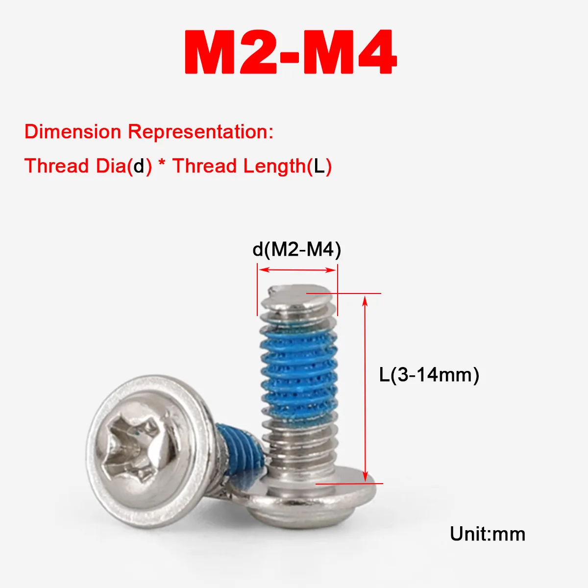 M2M3M4 Nickel Plated Round Head With Gasket Cross Groove Coated With Blue Glue Anti Loosening And Anti Falling Bolt