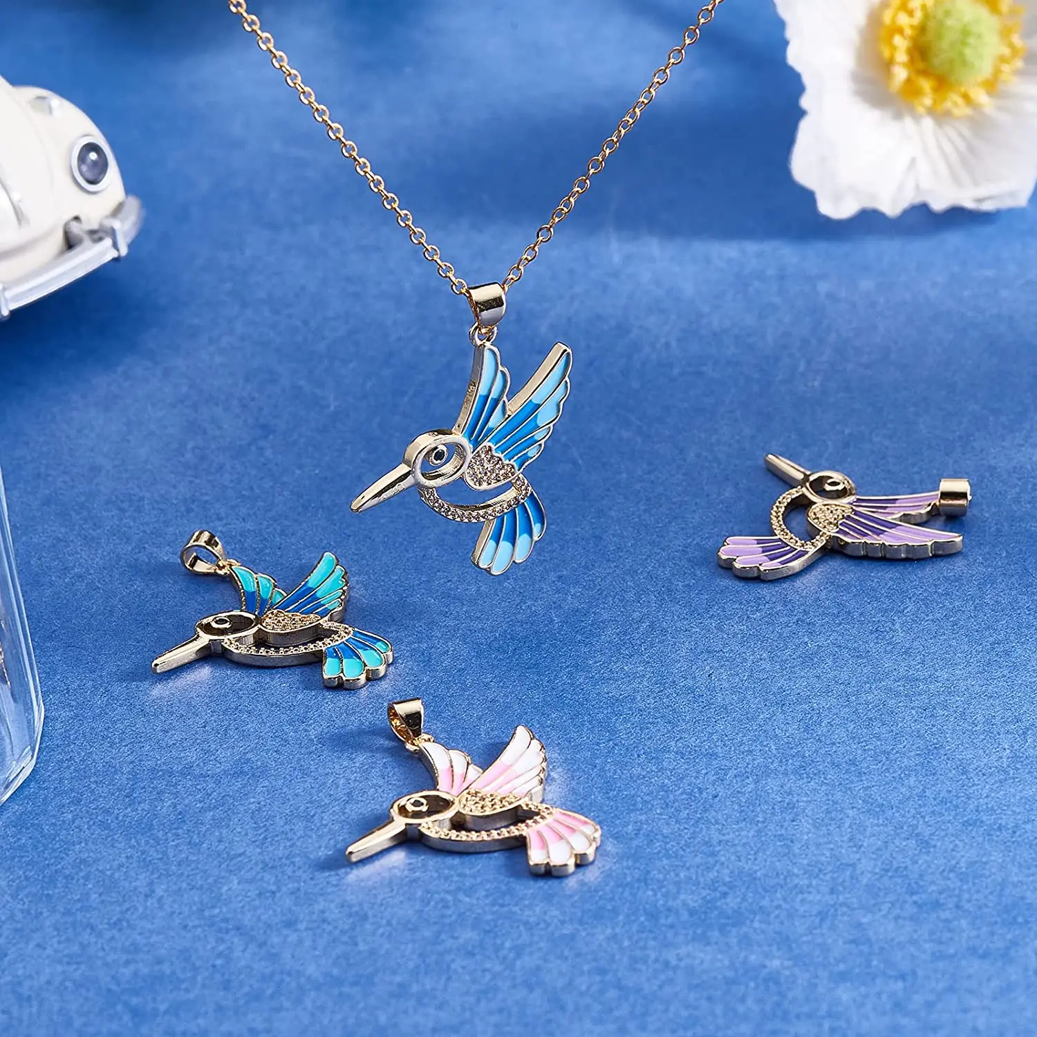 PandaHall 5 Pcs Random Colored Enamel Bird Charm Golden Cubic Zirconia Mini Animal Charms for Jewelry Making