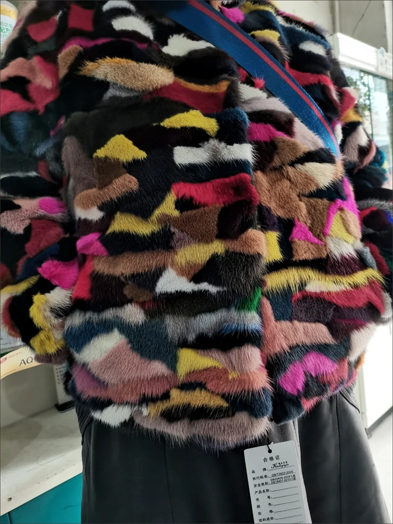 100% Genuine real natural mink fur coat hooded collar women's fashion multi-color colorful winter jacket