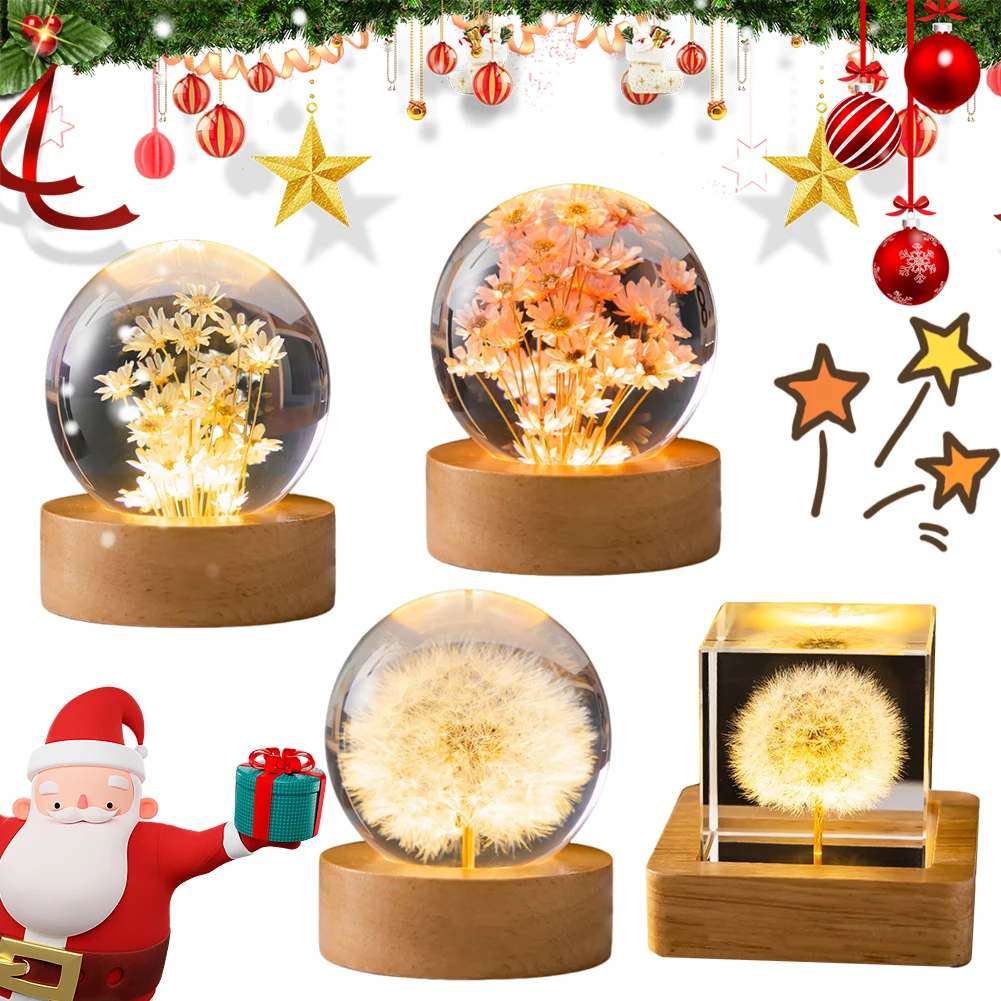 

Flower Desk Lamp with Woodern Base Forever Flowers Crystal Ball Light Office Home Decor Gifts for Men Women Kids Boys Girls