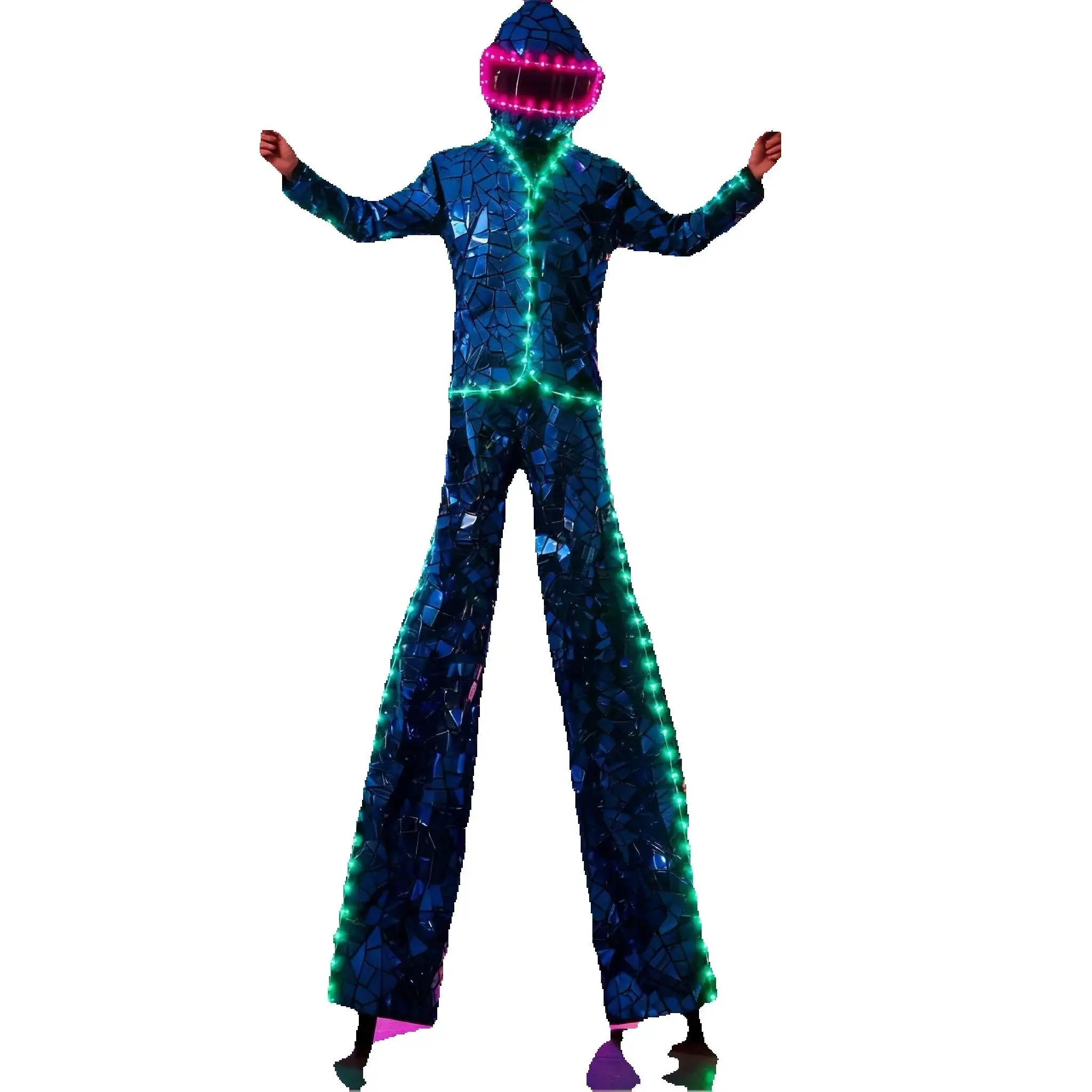 2025 Shiny Mirror Sequin Fabric LED Stilts Walker Suit Color Changing Light Up Costume for Cosplay Stage Show Rave Halloween