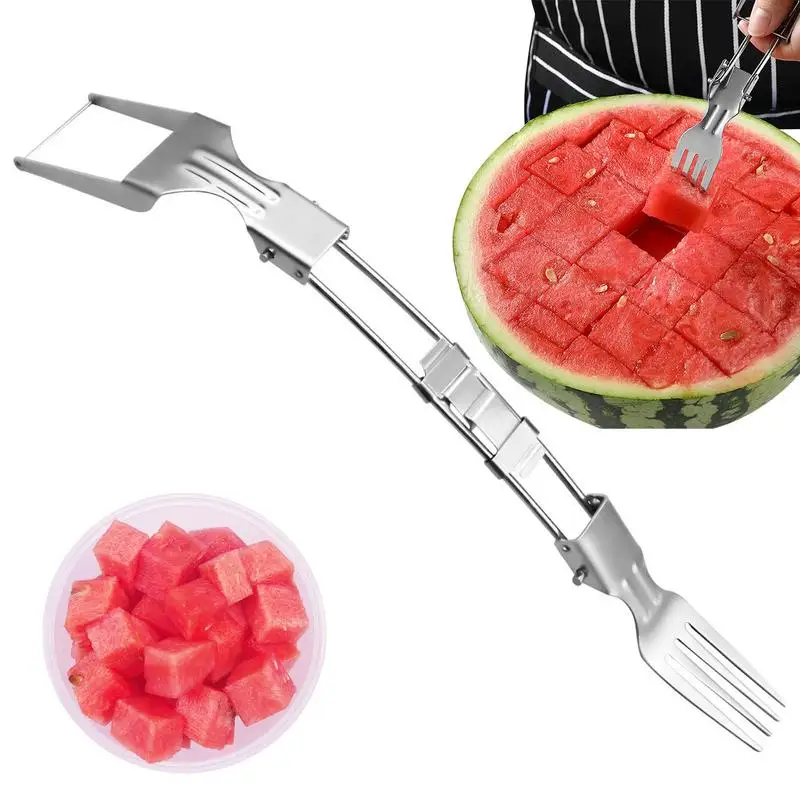 2-In-1 Portable Watermelon Fork Slicer Double Head Foldable Stainless Steel Fruit Slicer Cutting Fork For Household Gadgets