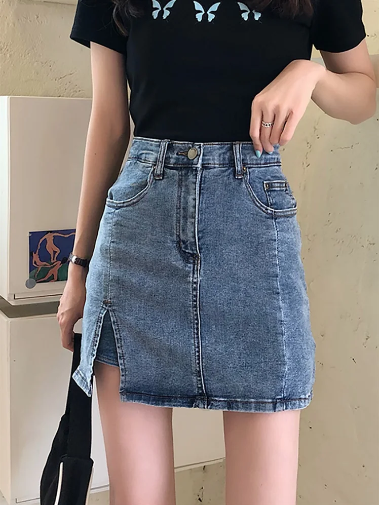 High Waist A-Line  Denim Skirt for Women Spring Autumn Season Fashionable Slimming Split Design Commute Friendly
