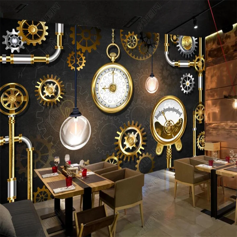 

3D Stereo European and American Industrial Decor Custom Mural Wallpaper Golden Metal Gear Clock Bar KTV Decor Photo Wall Paper