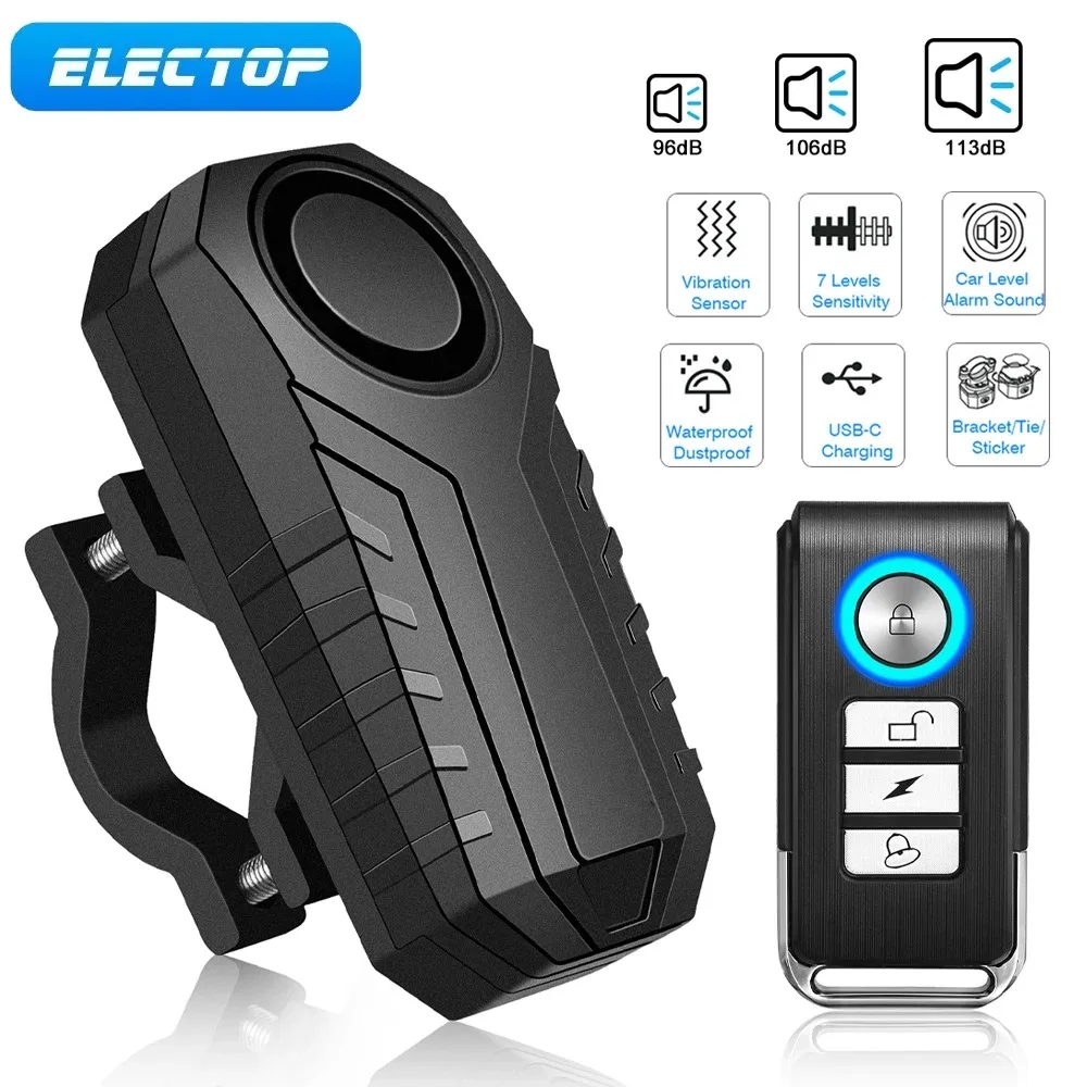 ELECTOP-alarma antirrobo para bicicleta, Control remoto inalámbrico por vibración, protección de seguridad para el hogar y exteriores, 113dB