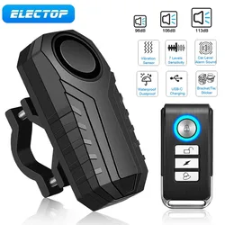 ELECTOP Bicycle Alarm 113dB Anti-Theft Wireless Vibration Remote Control Bike Motorbike Alarms Home Outdoor Security Protection