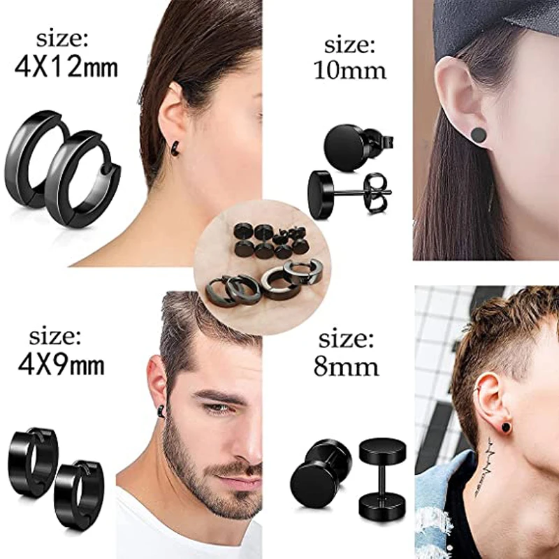 13 Pairs of Earrings Men's Black Stud Earrings Stainless Steel Ring Earring Set Men and Women Jewelry Huggie Ear Piercing Set