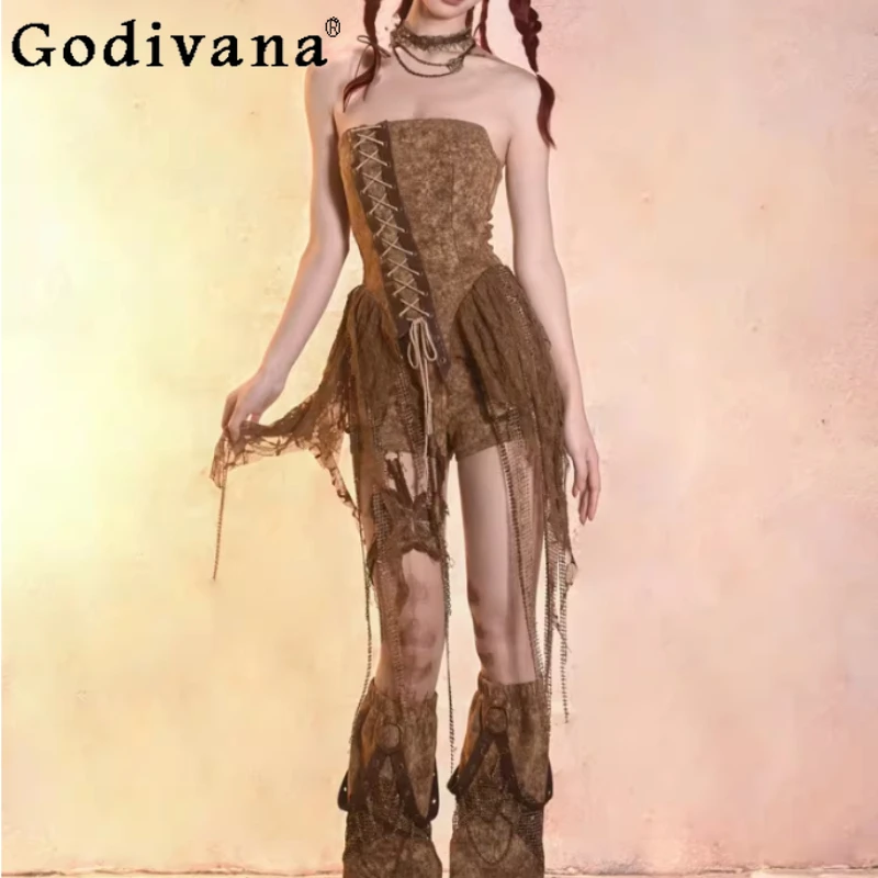 

Summer New Personalized Girl Y2k Sexy Retro Denim Tops Fashion Versatile Slim Do Old Asymmetrical Tassel Punk Strapless Top