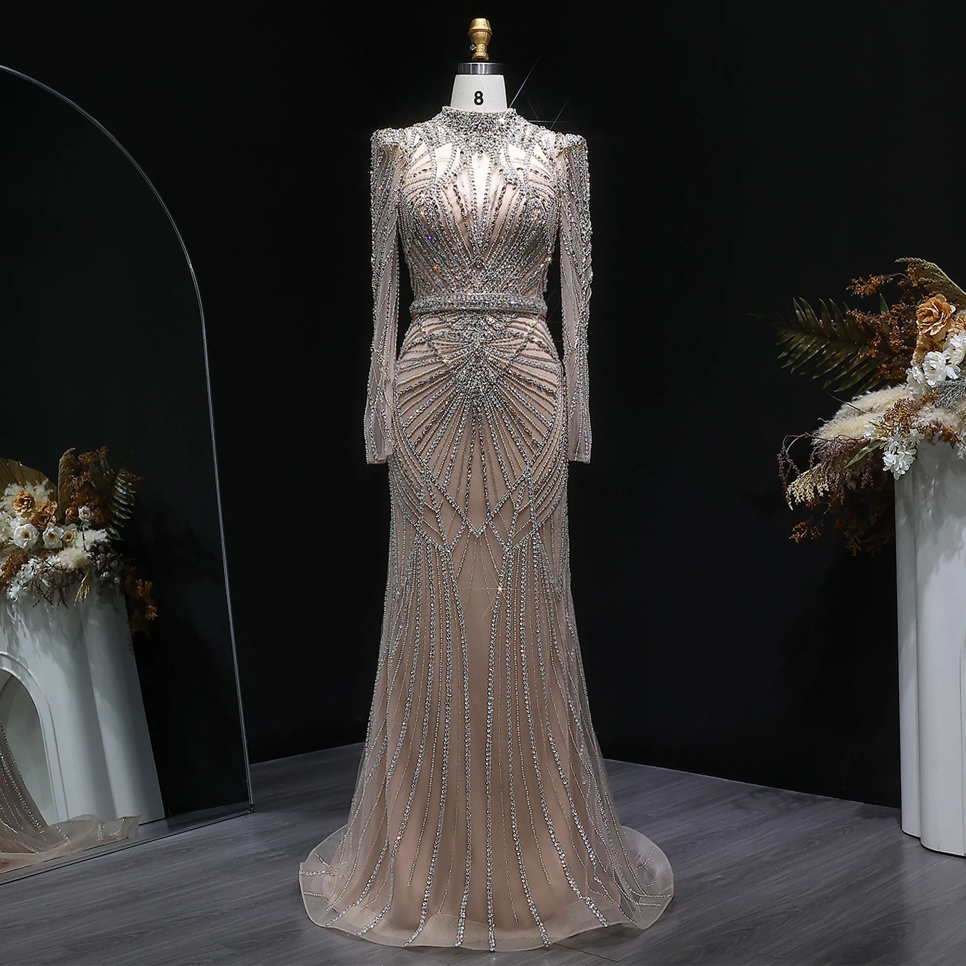 Sharon Said Luxuriöses Weinrotes Abendkleid mit Perlen-Kristall-Verzierung Elegantes Champagner-Festkleid für Damen SS186 Maßanfertigung – Detail 5
