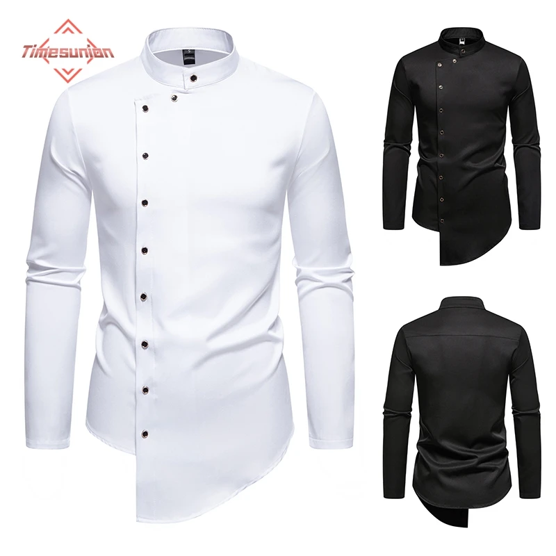 Men's Solid Long Sleeve Shirt Casual Solid Restaurant Chef's Uniform Shirts Male Daily Diagonal Button Work Shirt