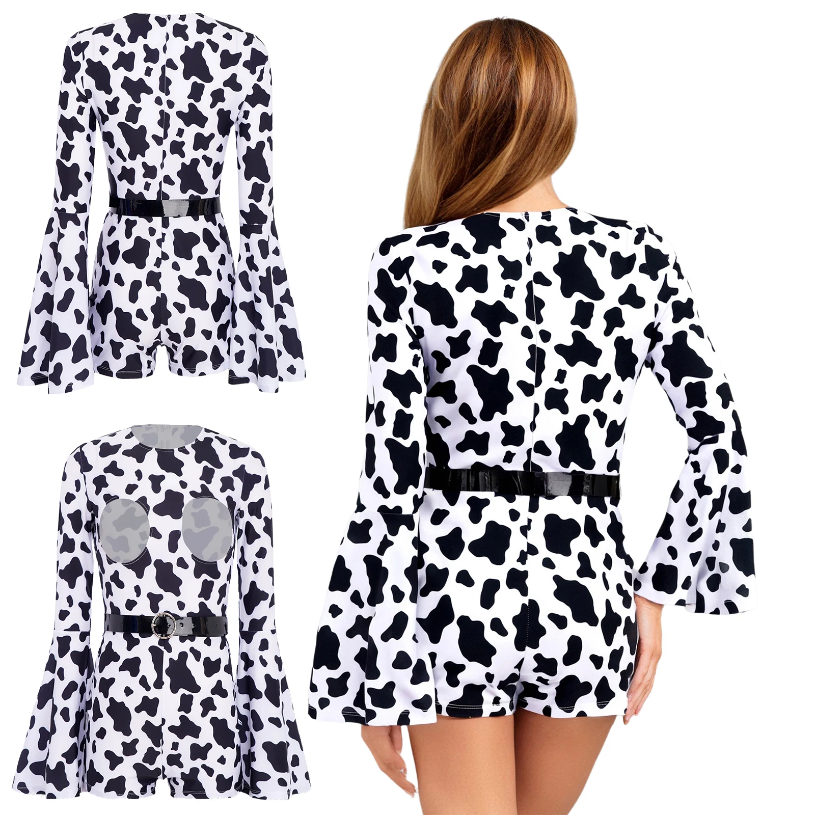 

Adults Women Lingerie Temptation Nightwear Sexy Cow Print Chest Hollow Out Bodysuit with Waist Belt for Couple Dating Night Wear