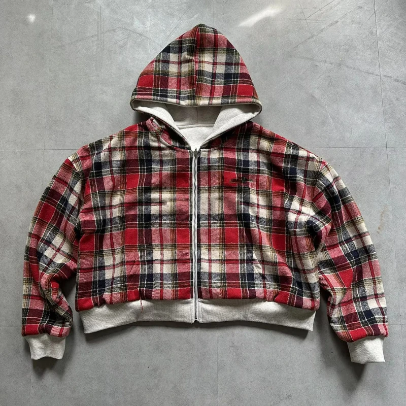 

Осень-зима 2026. Новая клетчатая лоскутная толстовка с капюшоном на молнии в европейском и американском стиле для мужчин, которую носить с обеих сторон.