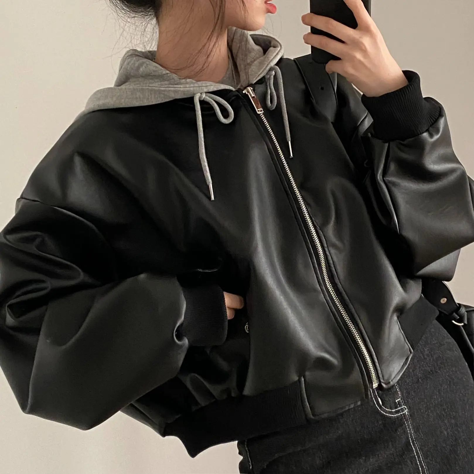 Chic Autumn Winter Leather Jacket Hooded Casual Double Pocket Versatile Loose Fit Fake Two-Piece Zipper Women's Coat