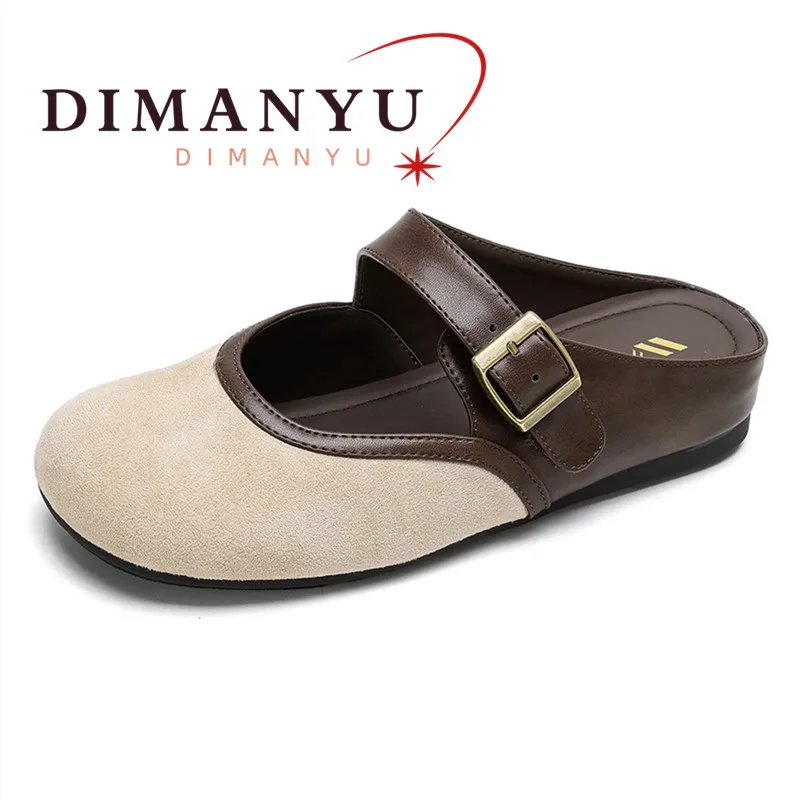 DIMANYU Women Mule Shoes Flats Round Toe Closed Toe Slip OnSlippers Women Large size Retro Casual Slippers Women