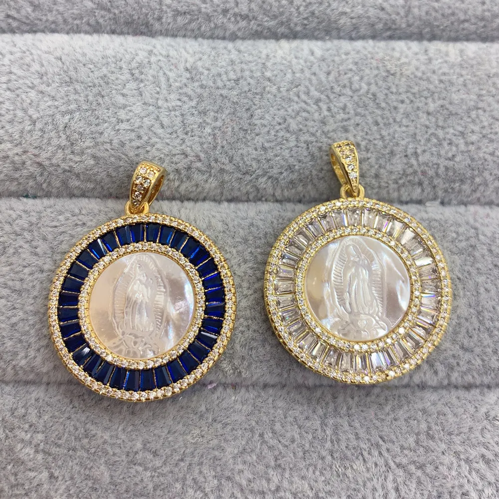 

Natural Shell Virgin Mary Pendant For Jewelry Making Gold Color Copper Zircon Guadalupe Medal Charm Wholesale 10pcs