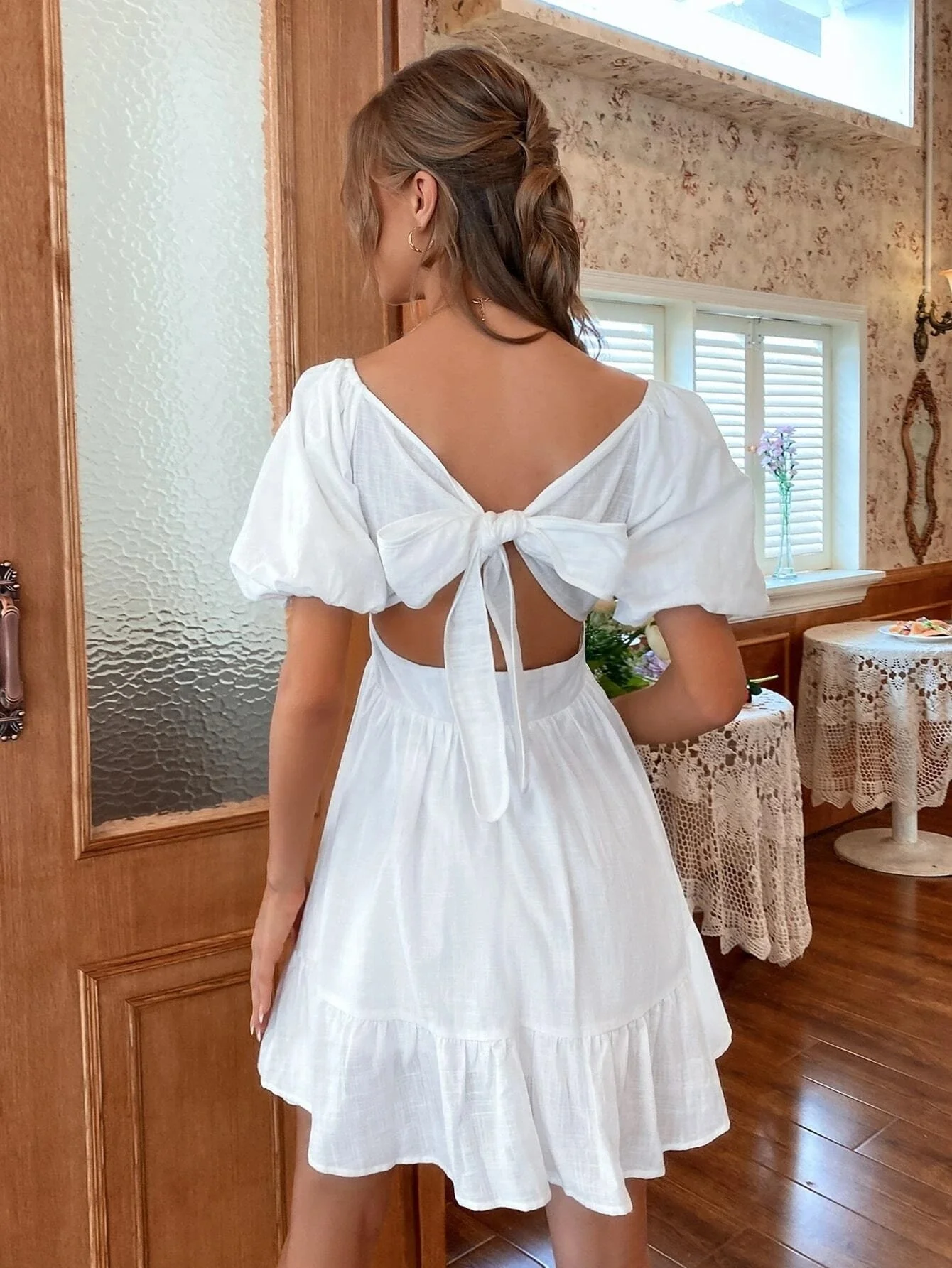 White Summer Dress Backless Lace Up Ruffles Ruched Solid Tie Back Flounce Dress  Puff Sleeve Elegant Dress - AliExpress 200000345