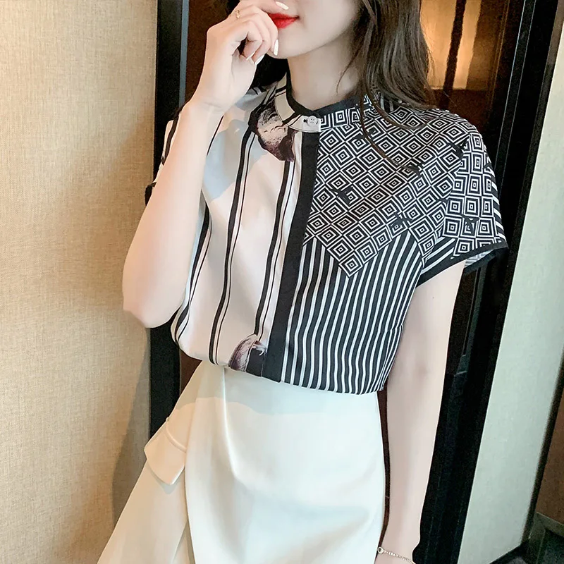 

Summer Chic Striped Printed Shirt, Vintage Fashion Loose, Short Sleeve, Spliced Contrast Style Blouse, Women's Commute Tops