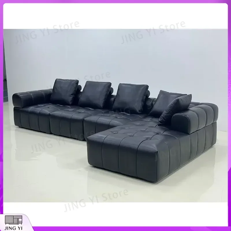 High-End All-Green Pixel Leather Sofa for Living Room First-Layer Black Genuine Leather Sofa Customizable Modern Sectional