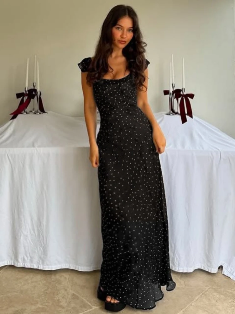 

Dot Printing Long Dress For Women Summer Clothing Flying Sleeve Vestidos Elegantes Para Mujer Black Mesh One Piece Streetwear