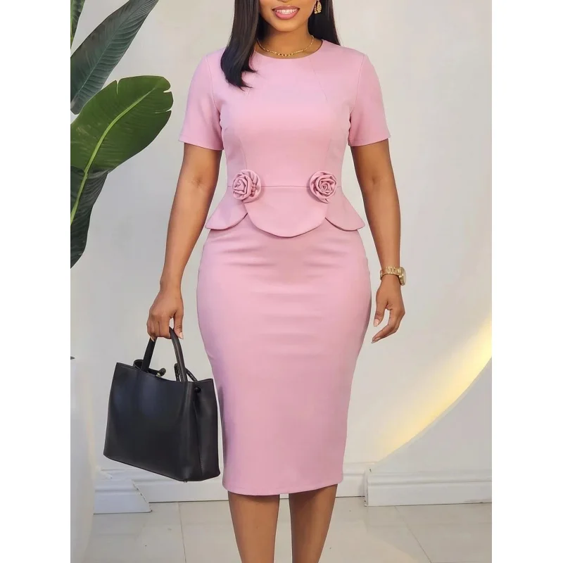 Summer Temperament round Neck Short Sleeve Pencil Dress Flower Mid-Length Hip Hugging Design Commuting Dress for Women
