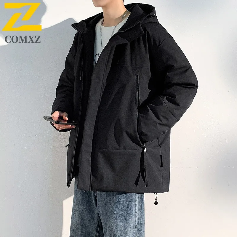 

COMXZ 2025 Men Down Jacket Classic Hooded Outdoor Cycling Thickened Warm Parka Street Style Lightweight Autumn Winter Coat