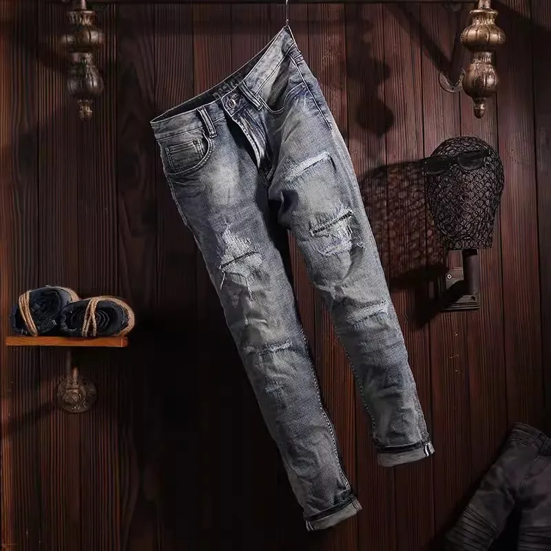 Street Fashion Men Jeans High Quality Retro Washed Blue Stretch Slim Fit Ripped Jeans Men Patched Designer Vintage Denim Pants