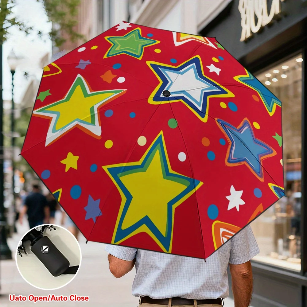 

1pc Automatic Folding Umbrella with Red Star Canopy - Resistant Windproof Umbrella, Automatic Open/Close, 8-Rib Sturdy Frame,