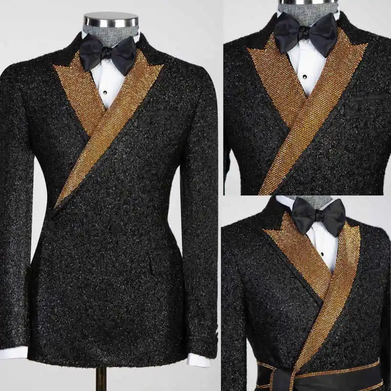 

Glitter Crystals 2 Pieces Men Suits Peaked Lapel Double Breasted With Belt Classic Fit Prom Male Party Customized Wear