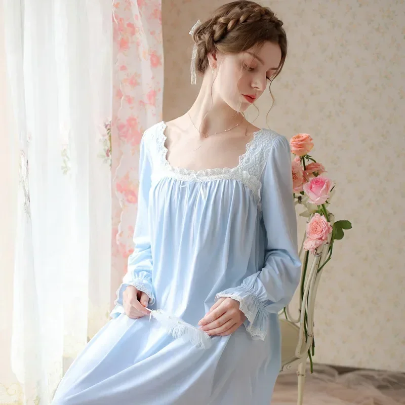 Autumn Long Sleeve Vintage Lace Square Collar Peignoir Women French Style Cotton Night Dress Loose Sleepwear Victorian Nightgown