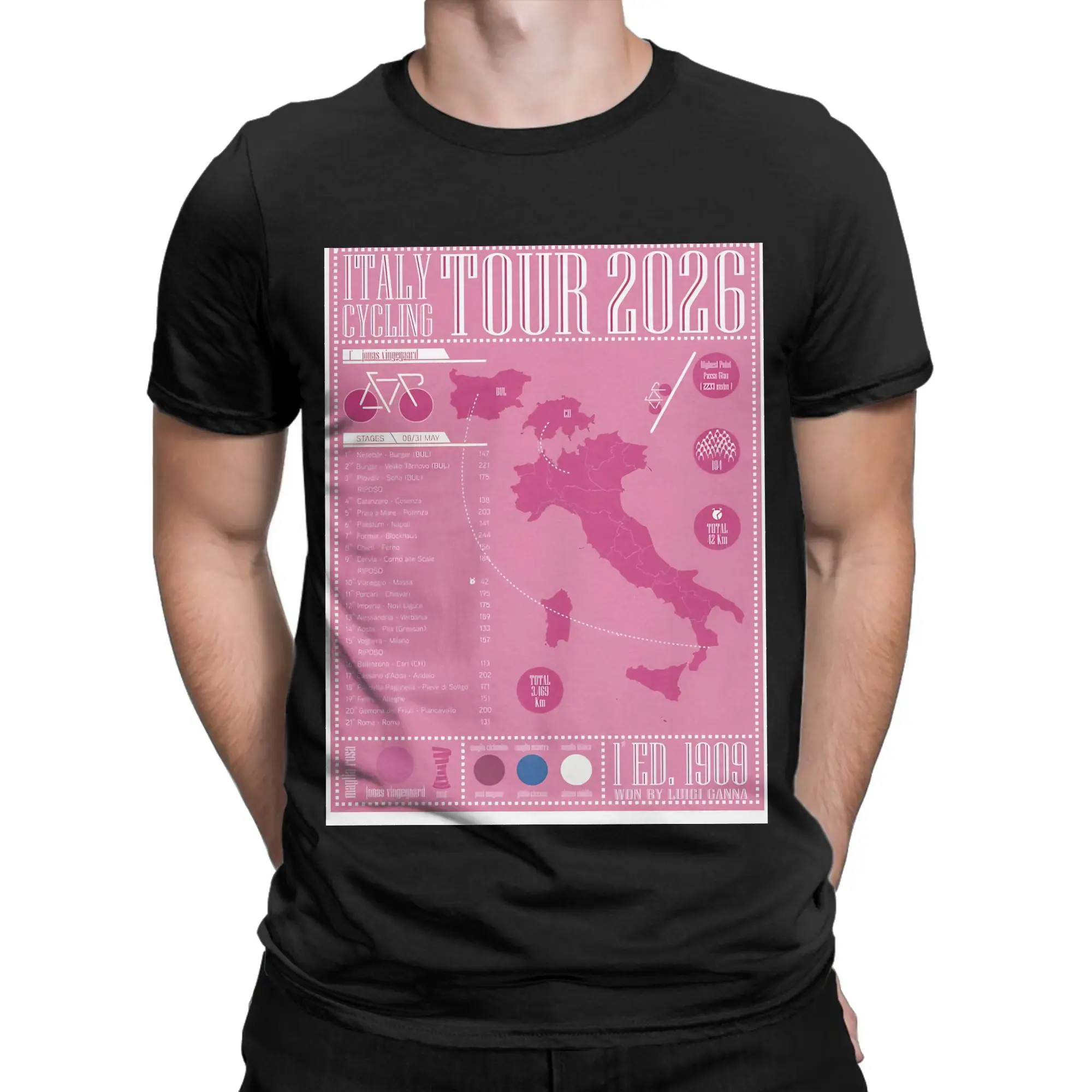 Italy Cycling Tour 2026 Infographic Classic Funny 100% Cotton T-Shirt Cycling Poster Tops Tees For Men