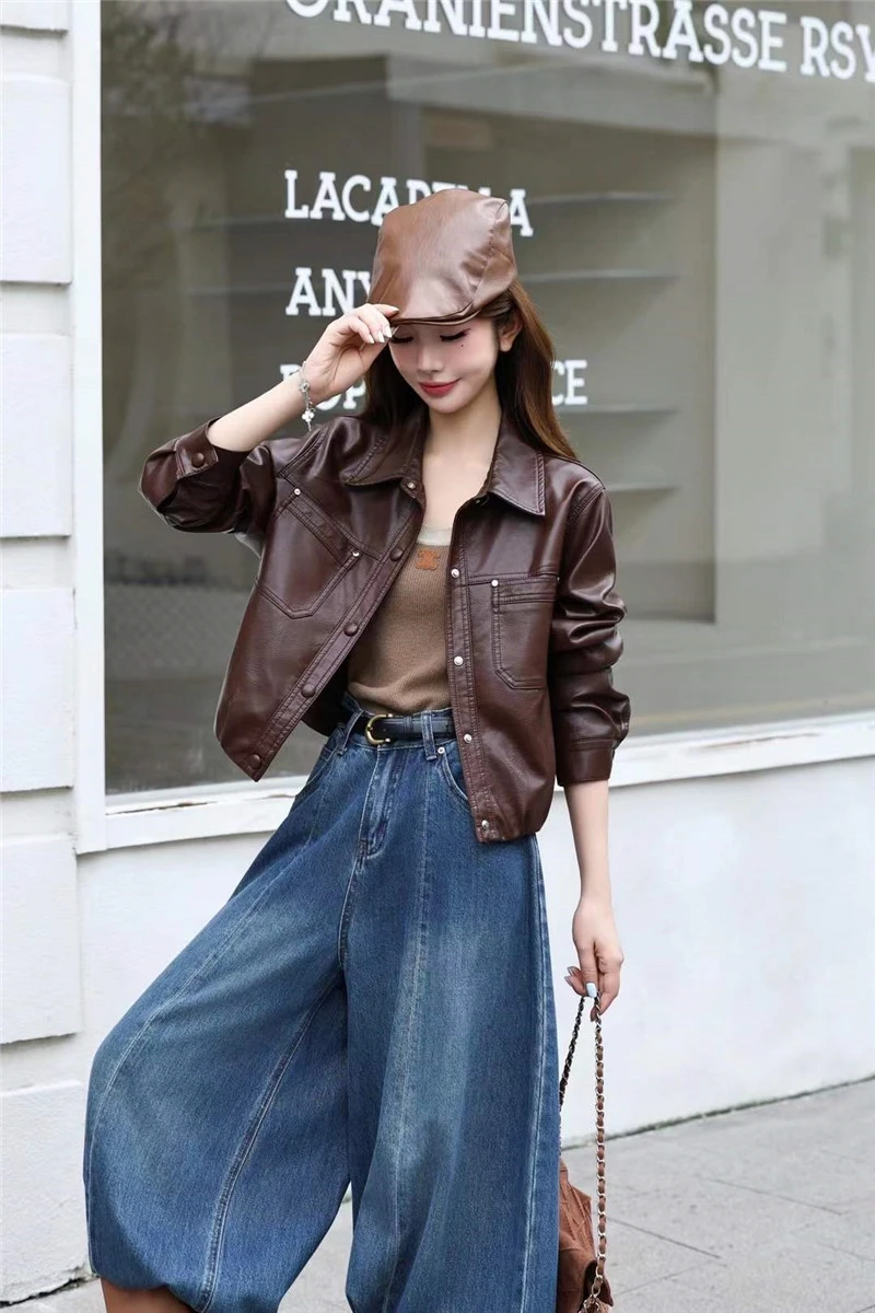 Black Short Faux PU Leather Jacket Big Pocket Lapel Single-Breasted Long Sleeve Autumn New Women Imitation Leather Biker Jacket