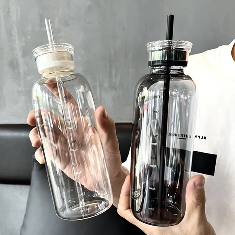 450/750ml Large Glass Water Bottle with Straw 2 Lids Clear Kawaii Drinking Bottle Leakproof Cup for Woman Girl