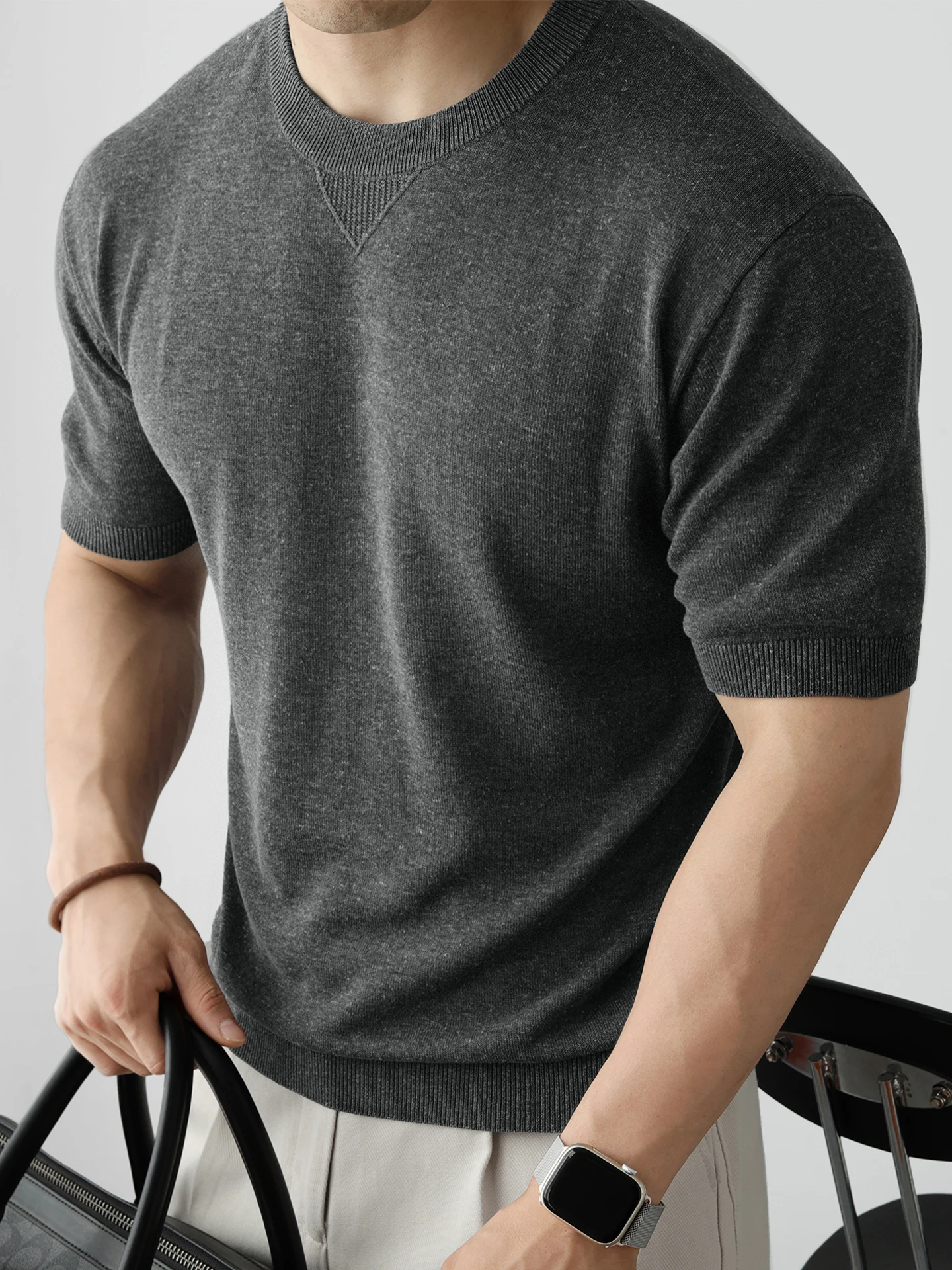 Machine Washable 14 Needle Mélange Knitted Short Sleeve T-Shirt Men Summer Casual Business Breathable Cool Feeling Short T
