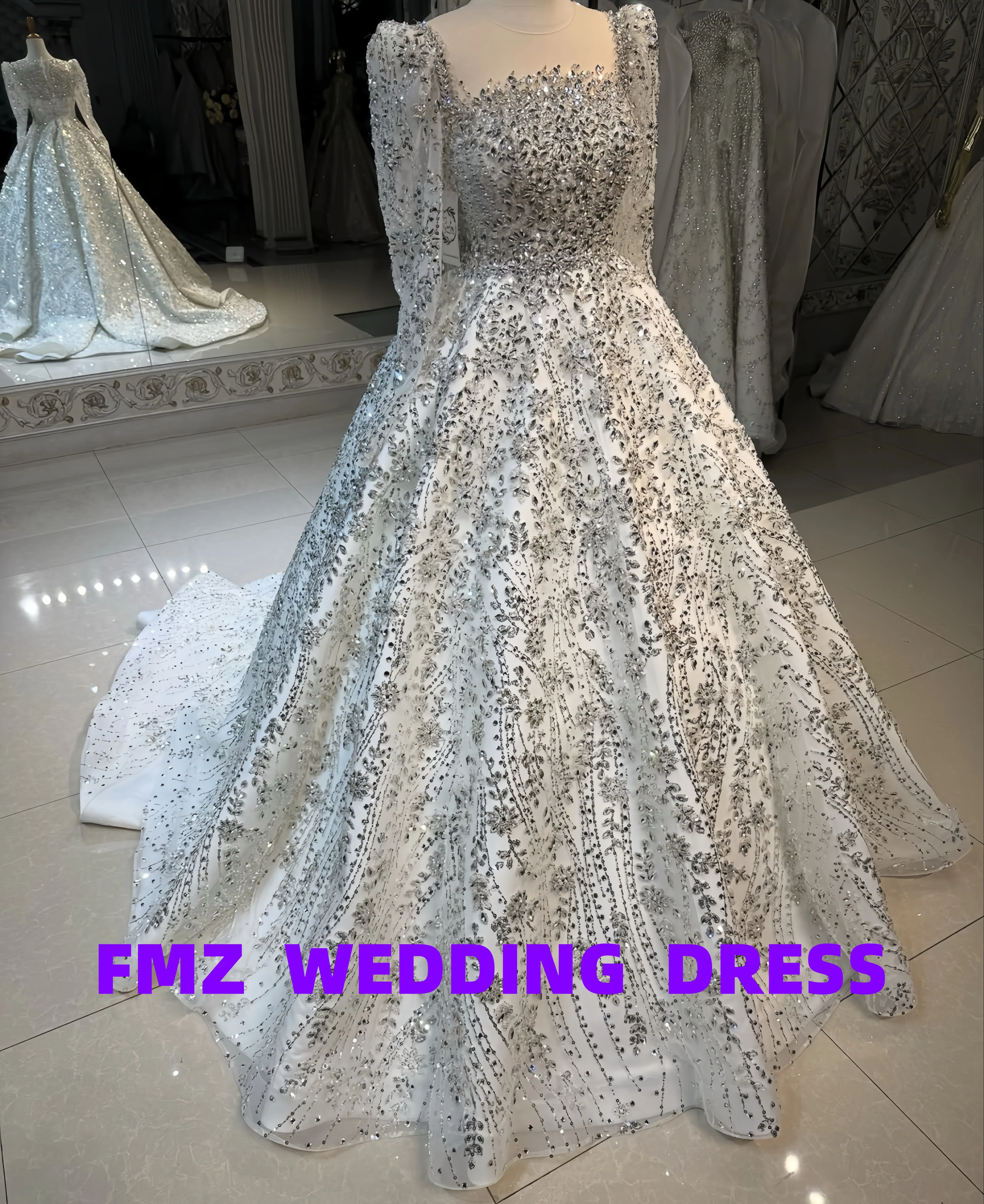 Бальное платье с квадратным воротником и длинными рукавами по индивидуальному заказу, роскошное свадебное платье из бисера, свадебное платье, платье для женщин, robe de mariee