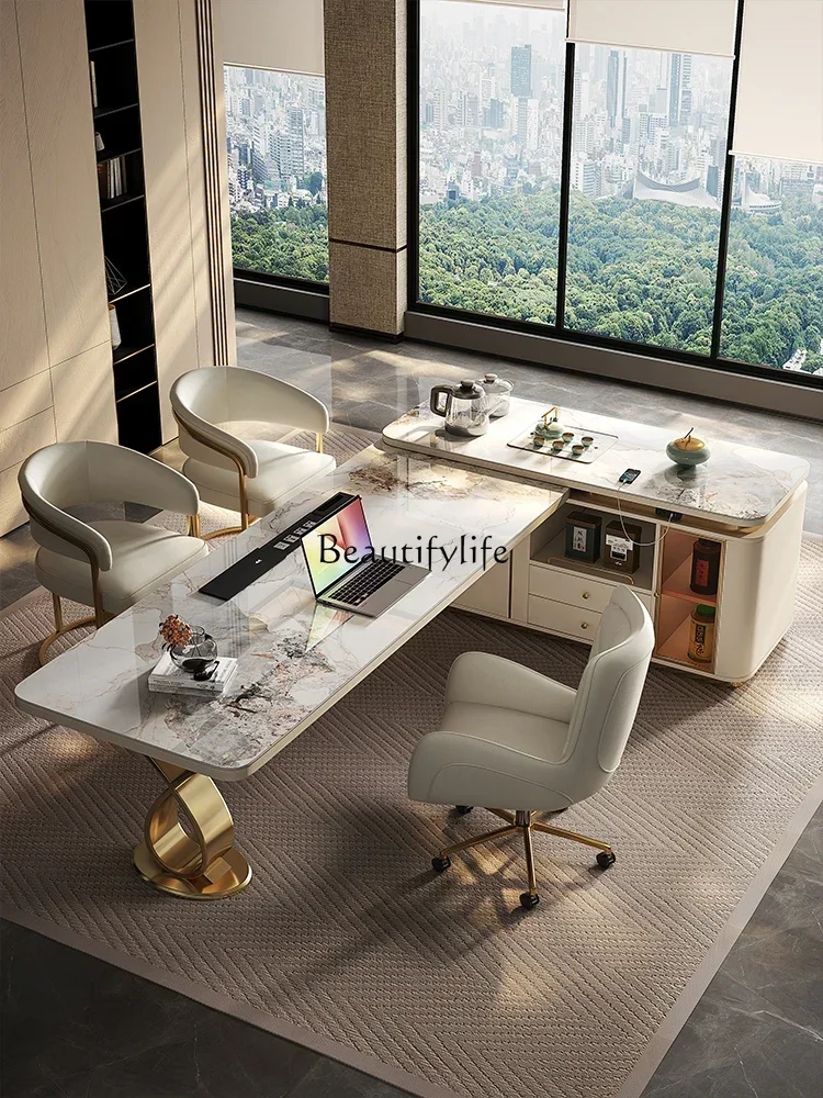 Light luxury rock slab boss desk integrated home office meeting guests corner kung fu tea table
