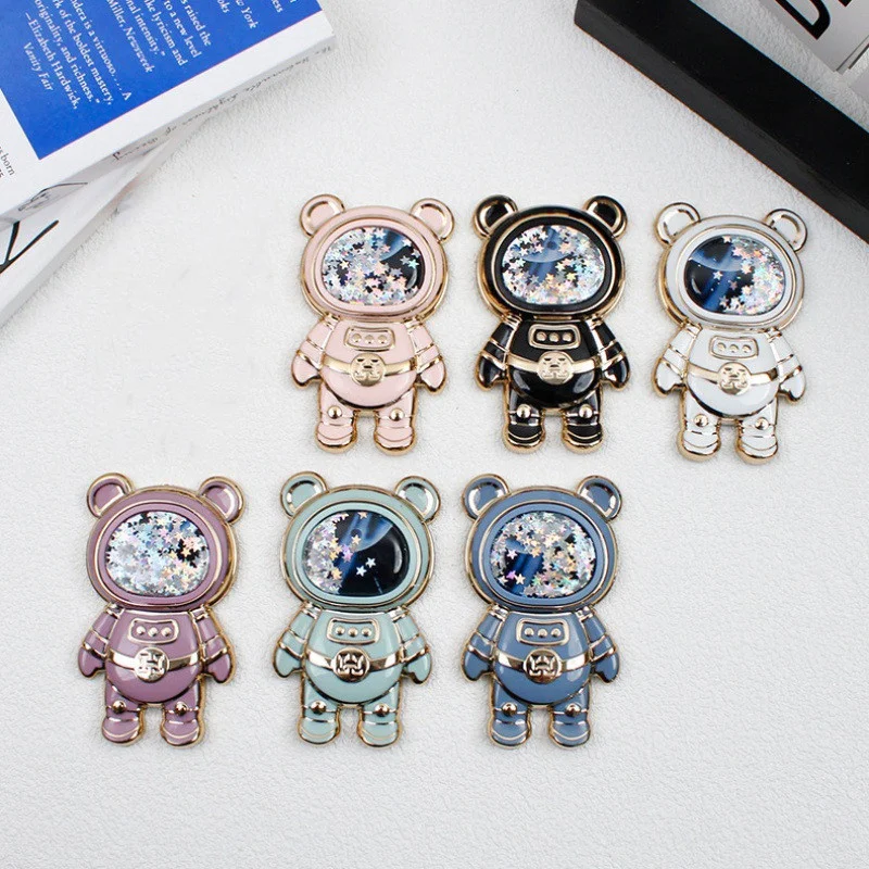 Cartoon Space Bear Glitter Liquid Quicksand Mobile Phone Grip Stand Holder Astronaut Phone Kickstand