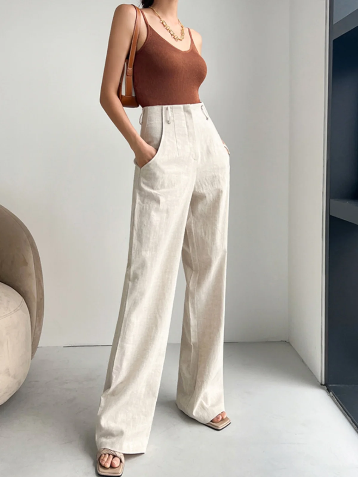 

Cotton Linen Wide Leg Pants High Waist Thin Linen Casual Floor Length Trousers for Women Summer 2025 Straight Cut Long Pants