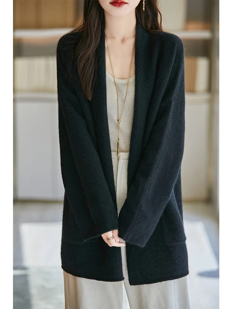 Aliselect Jaket Rajutan Fashion Wanita Sweter Saku Kerah V Lengan Panjang Musim Semi Musim Gugur Musim Dingin Atasan Kardigan Wol Merino 100%