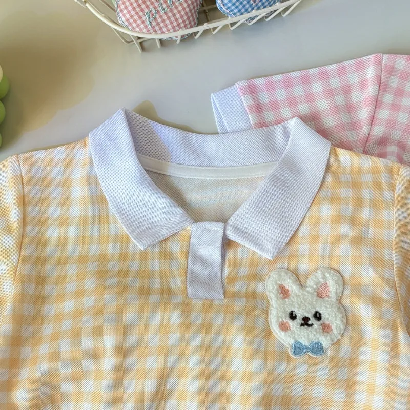 2pc Baby Girls' Two-Piece Plaid Polo Tops +shorts Children's Summer New Stylish Stripe Casual Set for Boys and Girls Kids